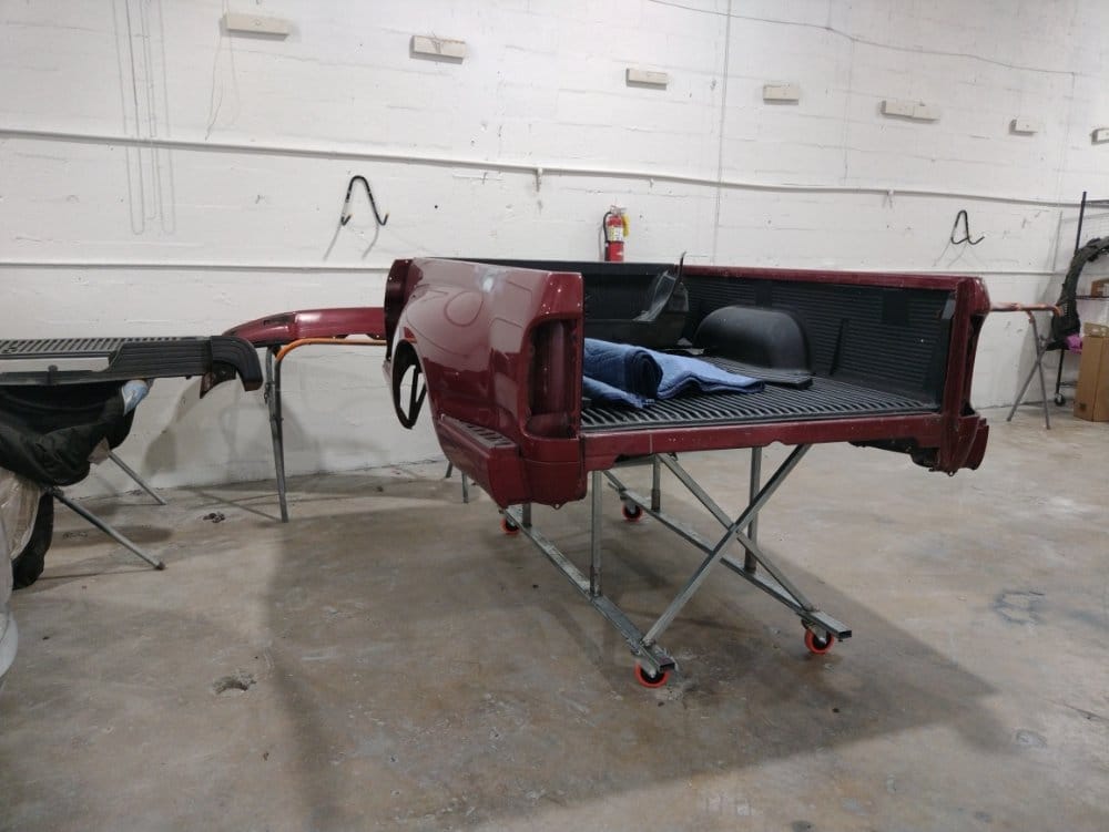 Truck bed removed from the frame for repair